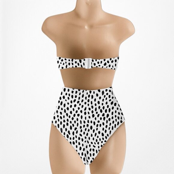 White Black Polka Dot High Waisted Cutout Strapless Two Piece Swimsuit Size XS/S - Picture 5 of 6